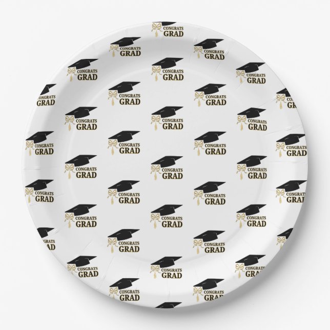 Prato De Papel Modern Whimsical Gold Black Graduation Cap (Frente)
