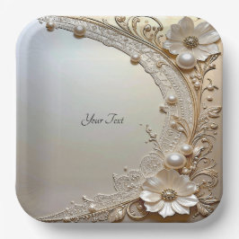 Prato De Papel Modern White Flowers Pearls Paper Plate