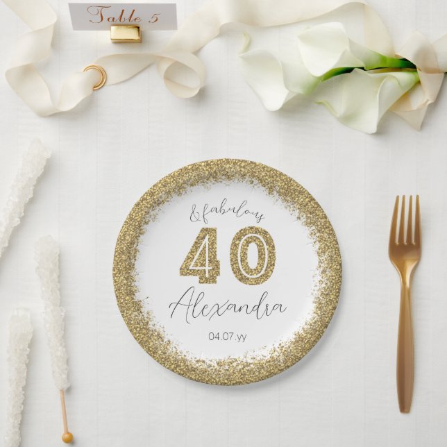 Prato De Papel Moderno 40 e Dourado Gitter fabuloso personalizado (Casamento)