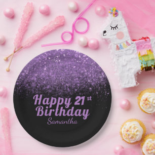 Prato De Papel Moderno Black & Purple Glitter Sparkle 21 Aniversá