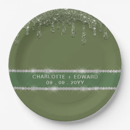 Prato De Papel Moderno Verde Salvia com Glitter e Drip Brilhante 