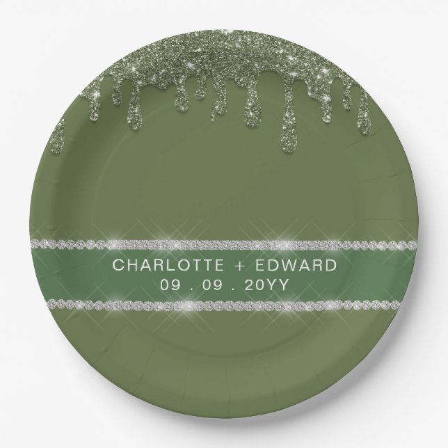 Prato De Papel Moderno Verde Salvia com Glitter e Drip Brilhante  (Frente)