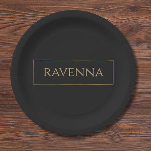 Prato De Papel Moldura Dourada Nome Personalizado Preto Profundo 