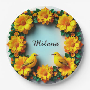 Prato De Papel Moldura Floral com Pássaros Amarelos