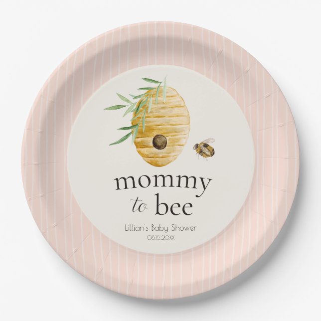 Prato De Papel Mommy To Bee Striped Blush Pink Girl Baby Shower  (Frente)