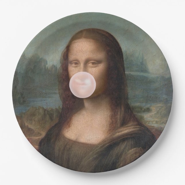Prato De Papel Mona Lisa soprando chiclete rosa (Frente)