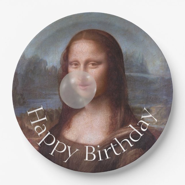 Prato De Papel Mona Lisa soprando goma Feliz aniversário (Frente)