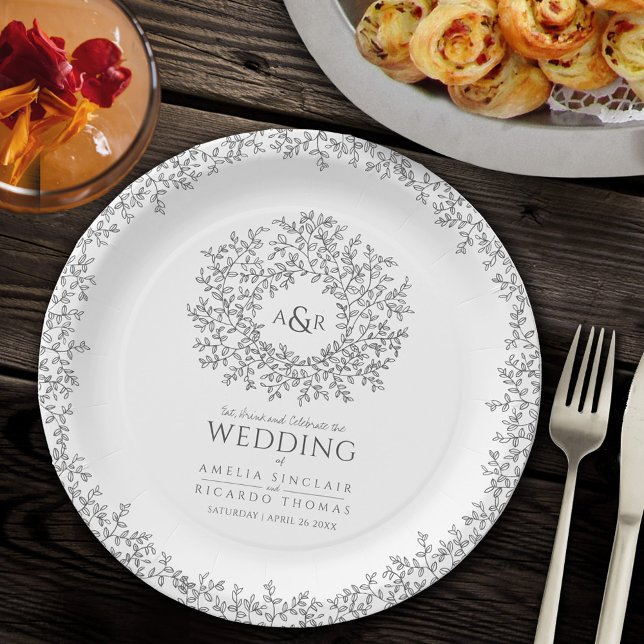 Prato De Papel mono círculo de folha desenho monograma casamento (Criador carregado)