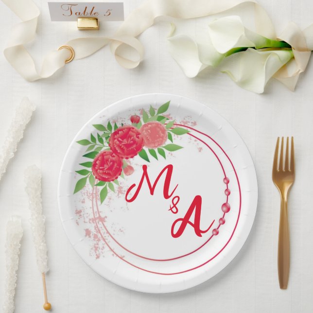 Prato De Papel Monogram Wedding bridal reception red (Casamento)