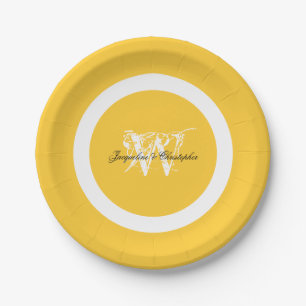 Prato De Papel Monograma Amarelo Elegante Casado Cuta Inicial