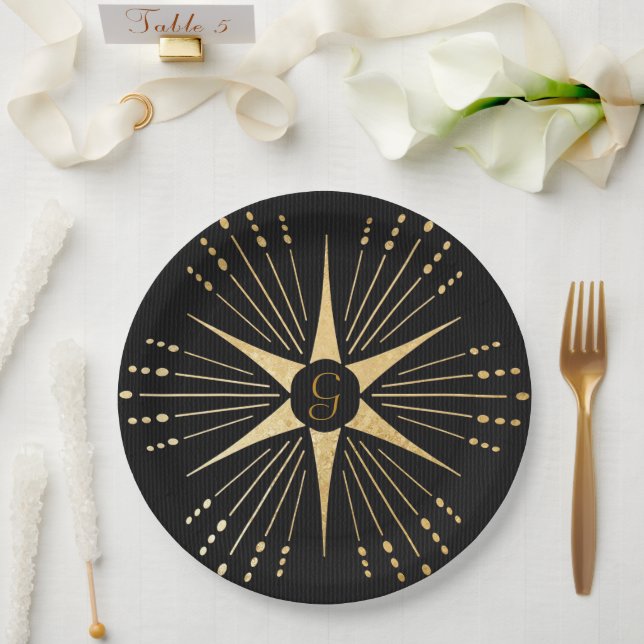Prato De Papel Monograma Art Deco Star Black e Dourado (Casamento)