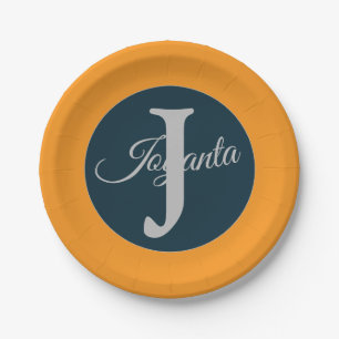 Prato De Papel Monograma azul laranja cinza personalizado Elegant