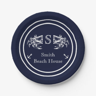 Prato De Papel Monograma Azul Marinho Branco Caranguejo Náutico