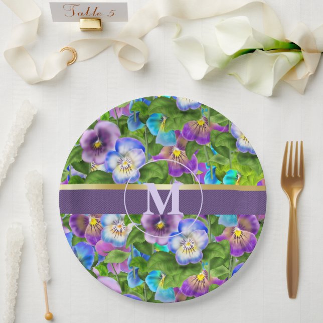 Prato De Papel Monograma Birthday Pansy Violet Flowcolor (Casamento)