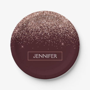 Prato De Papel Monograma Borgonha Rosa Rosa Rosa Dourada Brilhant