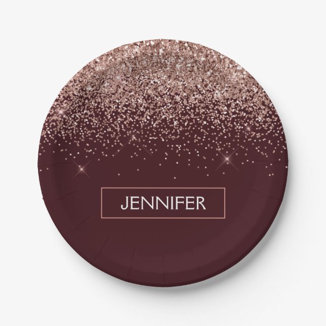 Prato De Papel Monograma Borgonha Rosa Rosa Rosa Dourada Brilhant (Frente)