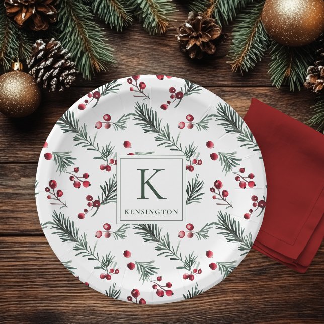 Prato De Papel Monograma Botânico de Natal Elegante (Elegant Christmas Botanical Monogram Paper Plates)