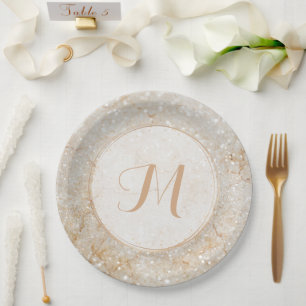 Prato De Papel Monograma branco e Dourado Sparkle