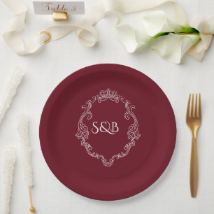Prato De Papel Monograma burgundy simples e minimalista elegante