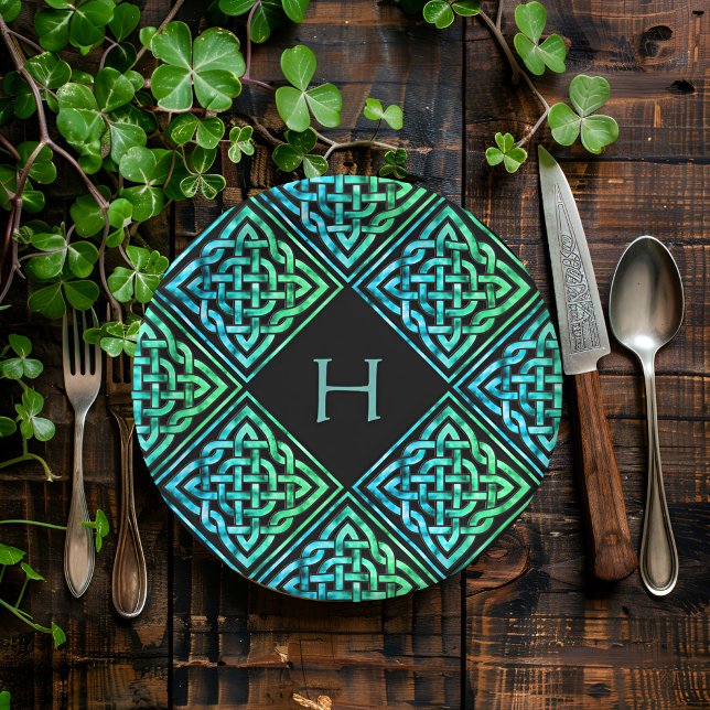 Prato De Papel Monograma Celular Nó Azul Placas em Papel Verde (Add flair to your meal with a personalized Celtic touch! 🍽️✨ #PersonalizedElegance #CelticCharm)