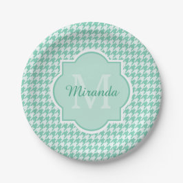 Prato De Papel Monograma Chic Mint Green Houndstooth Com Nome