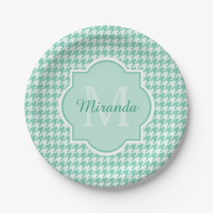 Prato De Papel Monograma Chic Mint Green Houndstooth Com Nome