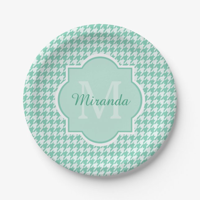 Prato De Papel Monograma Chic Mint Green Houndstooth Com Nome (Frente)