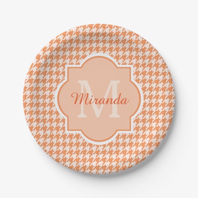 Prato De Papel Monograma Chic Orange Houndstooth com Nome (Frente)