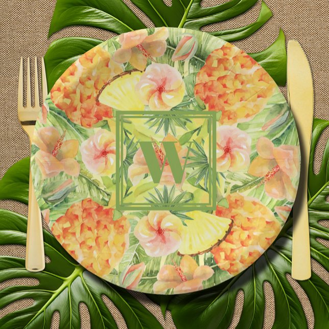 Prato De Papel Monograma de ananás (Monogram Pineapples Paper Plates)