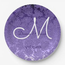 Prato De Papel Monograma de Casamento Branco Roxo Elegante