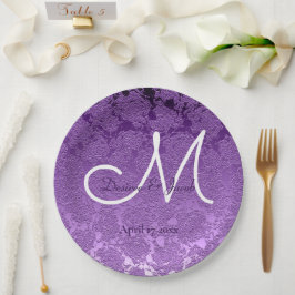 Prato De Papel Monograma de Casamento Branco Roxo-Lavanda Elegant