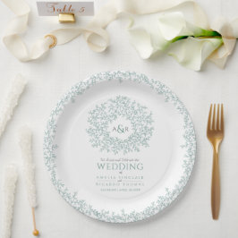 Prato De Papel Monograma de casamento com desenho de folha de cír