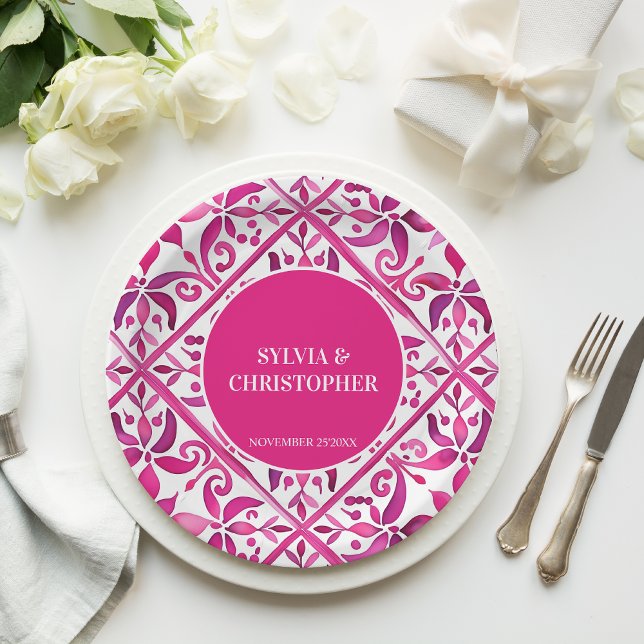 Prato De Papel Monograma de casamento de talavera, rosa, impresso (Pink Spanish talavera Vintage Mexican Hacienda wedding monogram printed Paper Plates table decor)