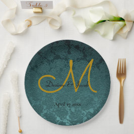 Prato De Papel Monograma de Casamento Elegante Negro Dourado de T