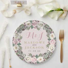 Prato De Papel Monograma de Casamento Floral de Boho rosa cor-de-
