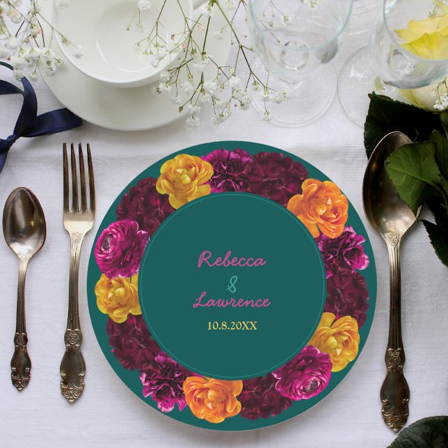 Prato De Papel Monograma de casamento floral verde-rosa moderno (Criador carregado)