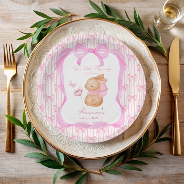 Prato De Papel Monograma de chá de fraldas rosado a coelho (Bunny pink bow baby shower monogrammed paper plates personalized table decor printed paper plates)