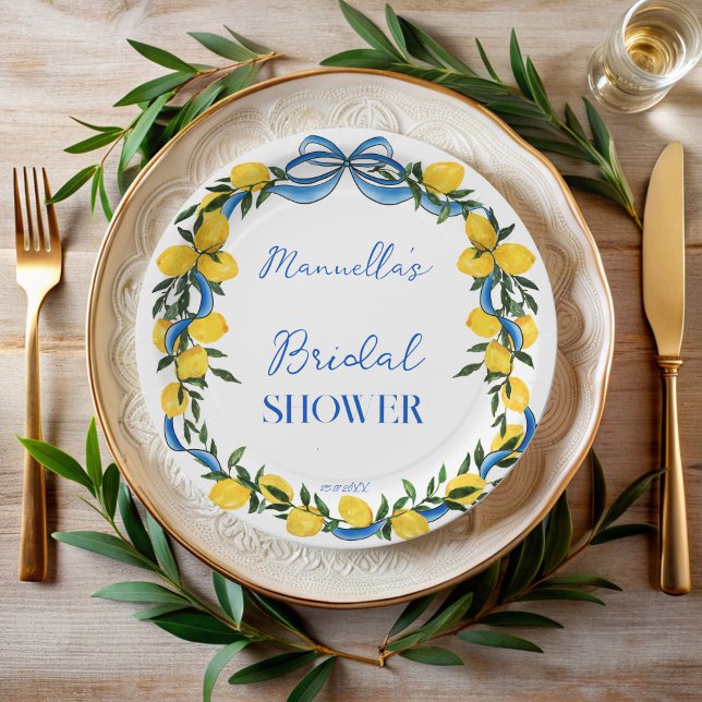 Prato De Papel Monograma de chá de panela de fita azul-limão (Lemons blue bow ribbon citrus Italian bridal shower monogrammed paper plates personalized decor)