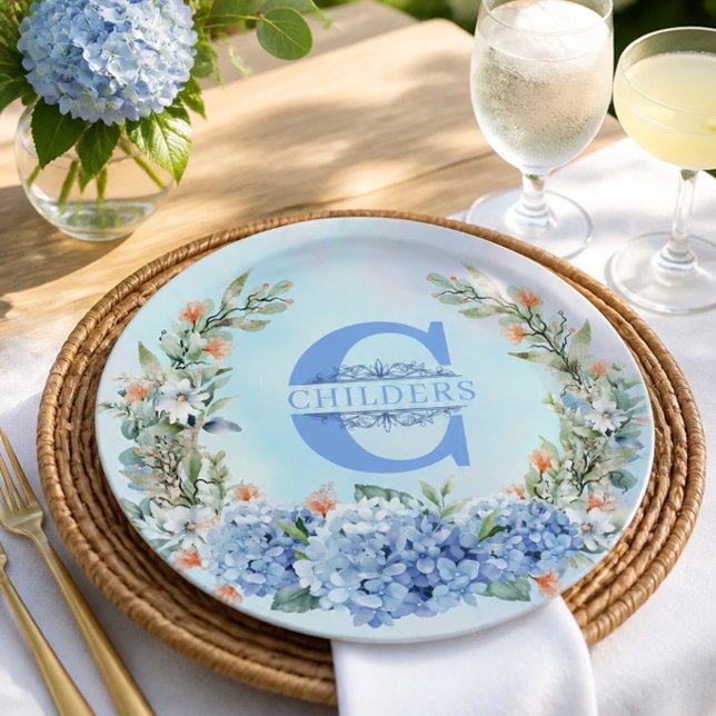 Prato de Papel Monograma de Hortênsia Azul (Criador carregado)