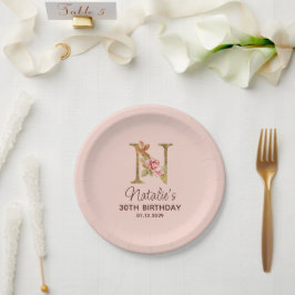 Prato De Papel Monograma de letra N dourada com rosas cor-de-rosa
