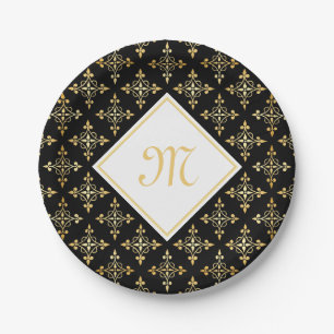 Prato De Papel Monograma de luxo Preto e Dourado Quatre Floral