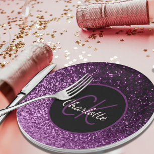 Prato De Papel Monograma de luxo roxo rosa brilhante de aniversár