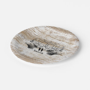 Prato De Papel Monograma de Madeira Rústica Textura de Veado