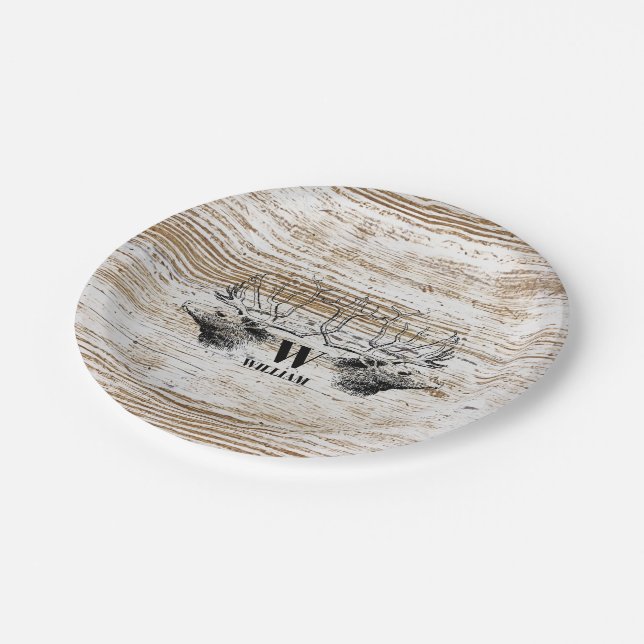 Prato De Papel Monograma de Madeira Rústica Textura de Veado (Inclinado)