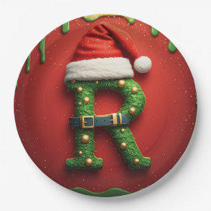 Prato De Papel Monograma de Natal R com Chapéu de Papai Noel – Pr