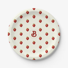 Prato De Papel Monograma de Nome de Morango Branco Vermelho Fofo