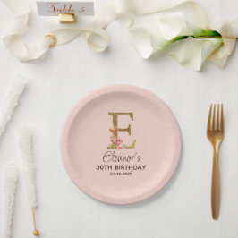Prato De Papel Monograma de Ouro da Letra E com Rosas Rosa Beijo