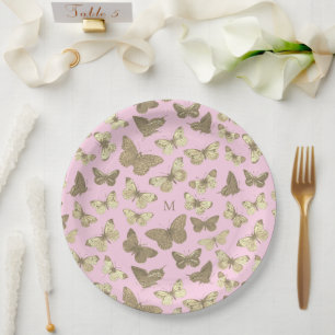Prato De Papel Monograma de Padrão de Borboleta Rosa Dourada e Bo