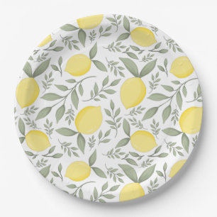 Prato De Papel Monograma de Padrões de Chic Lemons e Folhas
