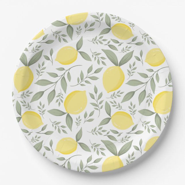 Prato De Papel Monograma de Padrões de Chic Lemons e Folhas (Frente)